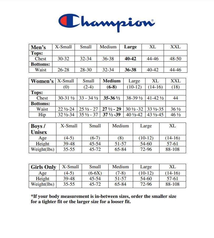 Champion Collegiate Apparel Size Chart