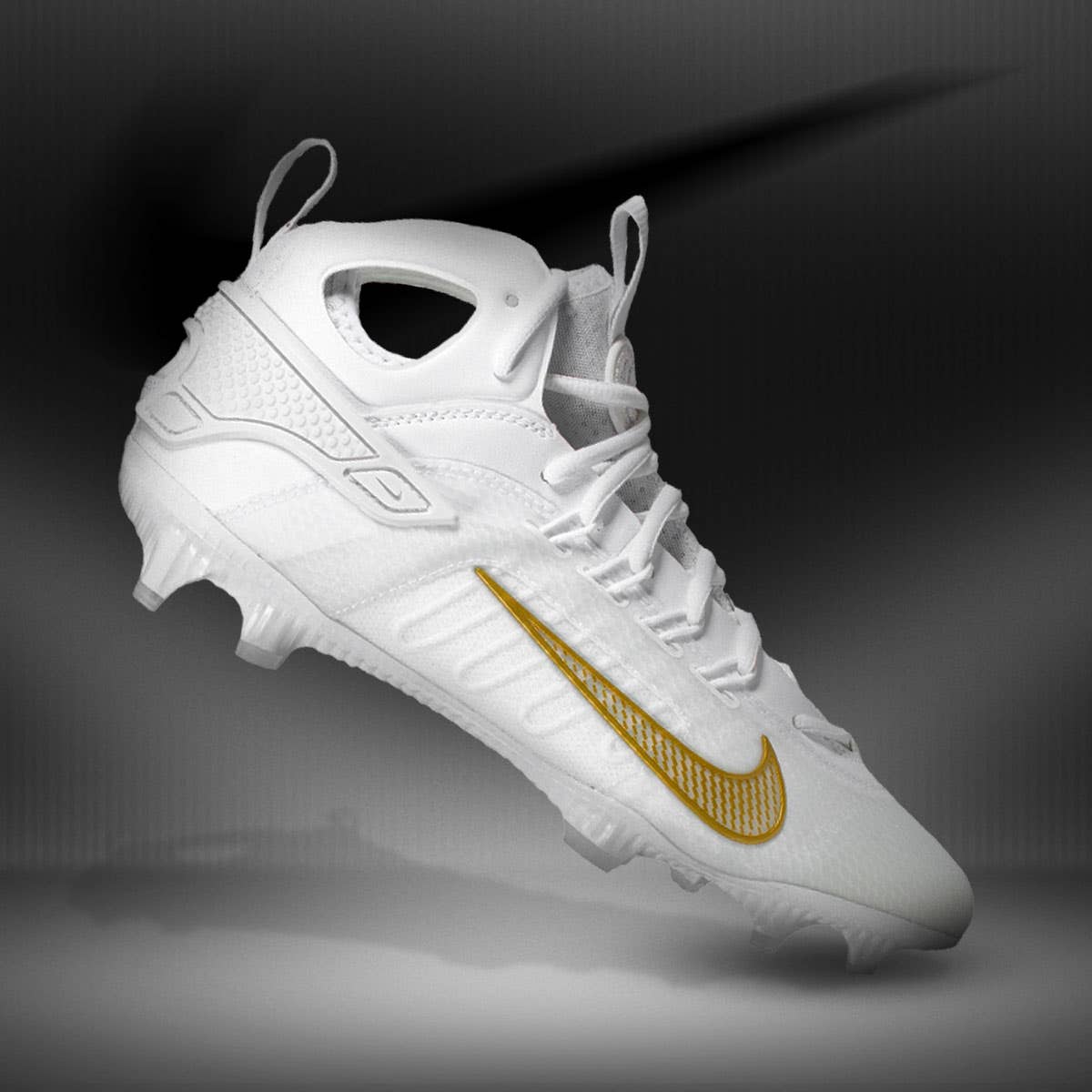 Nike Huarache 9 Elite Mid Lacrosse Cleat white and gold