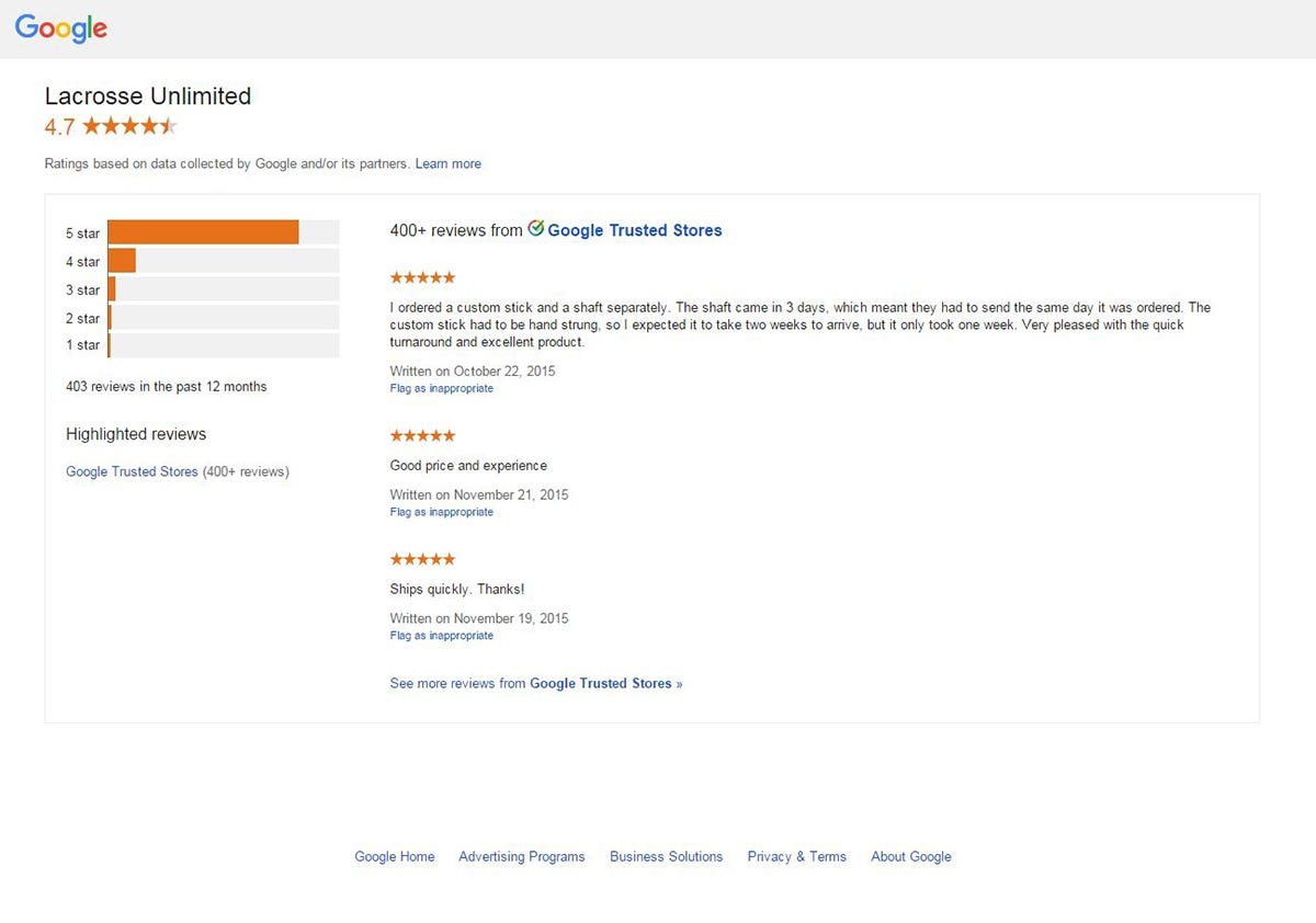 Google Trusted Store Reviews - Lacrosse Unlimited