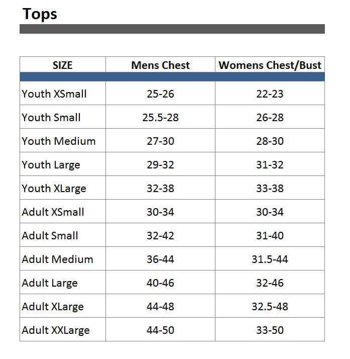 Apparel Tops Size Chart