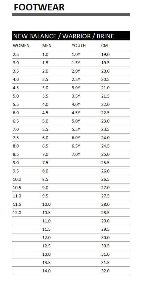 size chart for new balance shoes