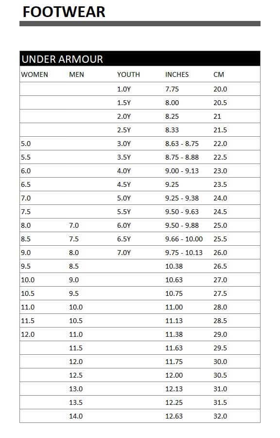 Under Armour Kids Shoes Size Chart